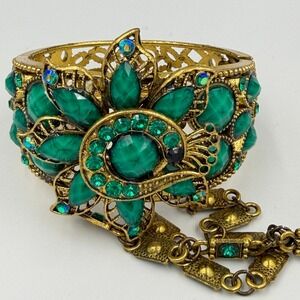 Gold Tone Green Rhinestone Filigree Statement Cuff Bracelet Ring‎ Chain Harness